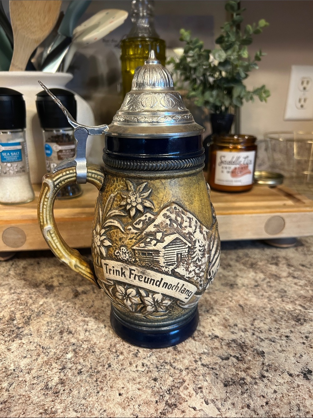 1960s/70s/80s Original Lerchen German Ceramic Beer Stein with Pewter Lid